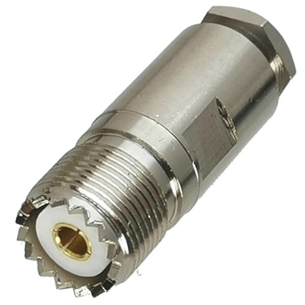 UHF female 6 clamp (Мама, Гнездо, Розетка, Jack), високочастотний штировий роз'єм з обтискною втулкою пляшкоподібної форми (внутрішній діаметр Ø 6,9 мм та Ø 4,9 мм) для кабелю RG-58, RG-142, LMR 195 (затиск/збірка - під накрутку та пайку)