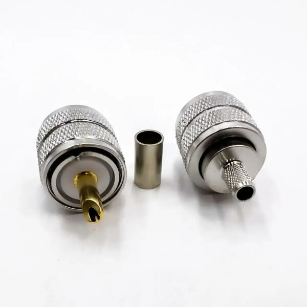 UHF male 6 crimp (Папа, Штырь, Вилка, Штекер, Plug), високочастотний штировий роз'єм з обтискною втулкою (внутрішній діаметр Ø 4,95 мм) для кабелю RG-58, RG-142, LMR 195 (під обтискання та пайку)