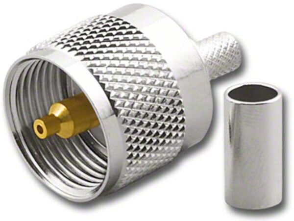 UHF male 6 crimp (Папа, Штырь, Вилка, Штекер, Plug), високочастотний штировий роз'єм з обтискною втулкою (внутрішній діаметр Ø 4,95 мм) для кабелю RG-58, RG-142, LMR 195 (застосовується без паяння)